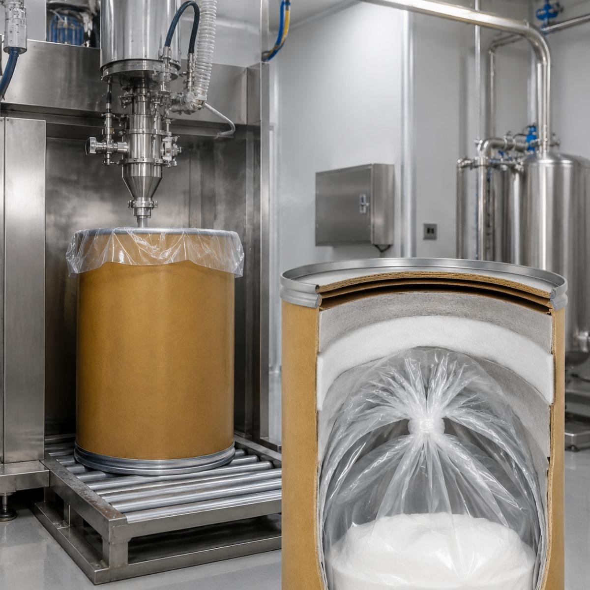 Cross-section of multi-layer protective packaging Nitrogen-flushed drum packaging system
