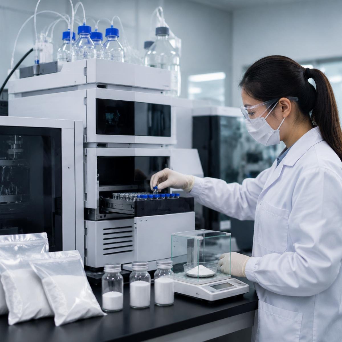 Pharmaceutical-grade additive testing process showing HPLC checkpoints